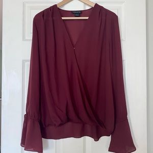 Trouve Faux Wrap Trumpet Sleeve Top